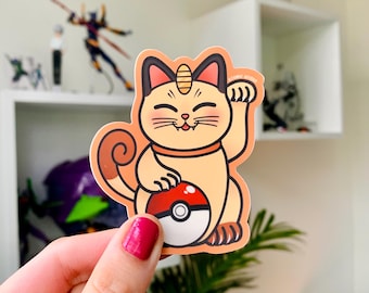 Maneki Neko Meowth Vinyl Sticker Kawaii Art Cute Monster Anime Manga Cartoon Japanese Fortune Japan Nihon Good Luck Handmade Lucky Cat