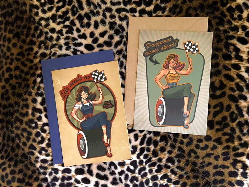 50s Vintage Racers Pinup Girls Postcard A6 Speedway Rockabilly Retro Hotrod Garage Classic Cars Roadrunner Tattoo Subculture Drag Racing image 1