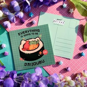 Mini impresión artística de postal cuadrada de gatos Futomaki, kawaii, lindo, suerte, neko, sushi, sashimi, comida, bocadillos, Japón, nihon, Asia, anime, manga, dibujos animados, gato neko