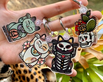 Acrylic Keychains Maneki Neko Lucky Cat Good Luck Charm Tattoo Skull Cactus Flower Halloween Japan Cute Kawaii Gift Accessories Eco-friendly