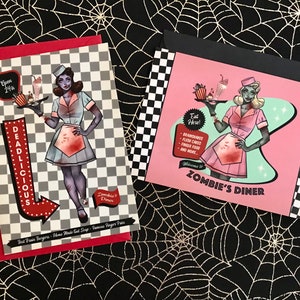 50s Diner Zombie Girl Postcard A6 Retro Vintage Pinup Waitress Classic Monster Horror Movie Psychobilly Halloween Spooky Brains Funny Gift