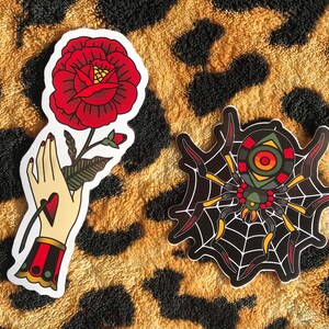 2 PACK Traditional Tattoo Vinyl Stickers Spider Web Hand Red Rose Americana Subculture Oldschool Flash Art Decal Rockabilly Gift Set