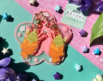 Ice Cream Taiyaki Double-sided Clear Acrylic Keychain Matcha Green Tea Sakura Cherry Blossom Fish Kawaii Art Cute Anime Sweets Dessert Japan