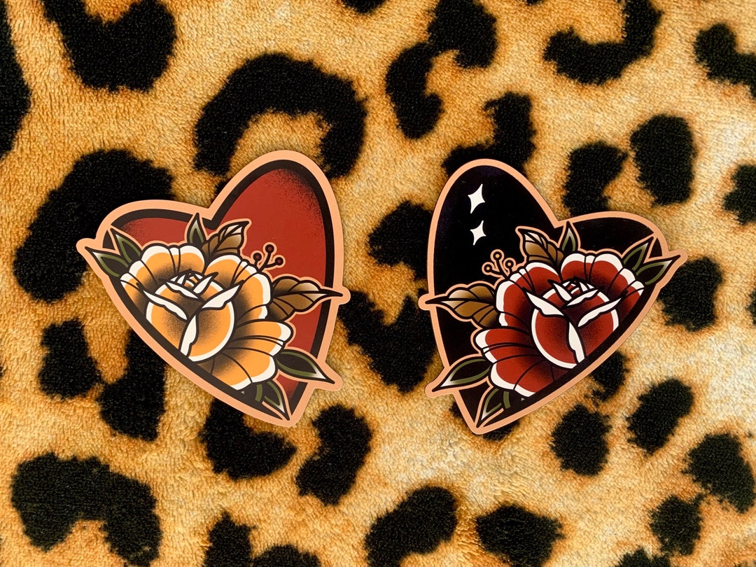 Heart Rose Traditional Tattoo Fridge Magnets Americana Oldschool Rockabilly 1950s Retro Vintage Subculture Housewarming Art Gift Set