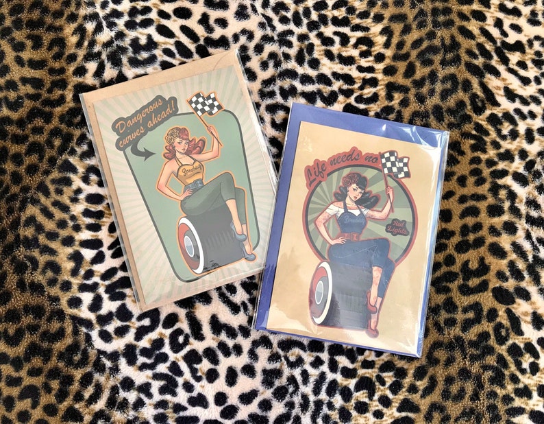50s Vintage Racers Pinup Girls Postcard A6 Speedway Rockabilly Retro Hotrod Garage Classic Cars Roadrunner Tattoo Subculture Drag Racing image 8