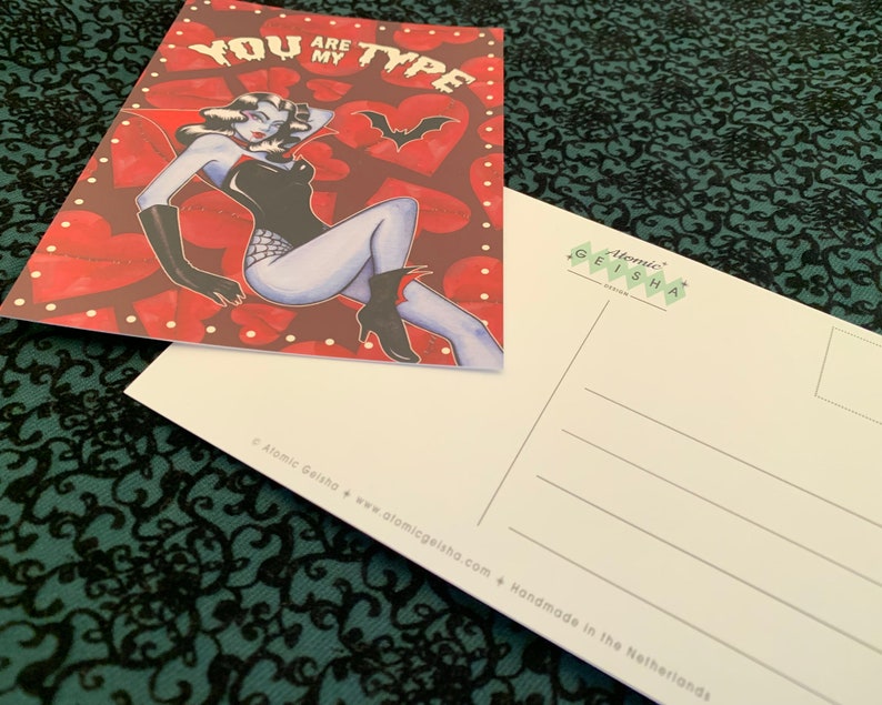 Glampire the Vampire Queen You Are My TYPE Postcard A6 Dracula Monster Pinup Girl Horror Movie Retro Anniversary Valentines Day Funny Bats image 3