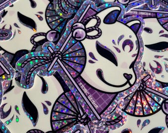 Purple Kitsune Mask & Fan Glitter Vinyl Sticker Kawaii Art Cute Fox Yokai Anime Manga Japanese Folklore Mythology Japan Nihon Supernatural