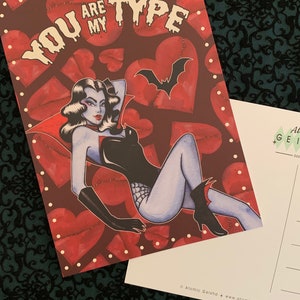 Glampire the Vampire Queen You Are My TYPE Postcard A6 Dracula Monster Pinup Girl Horror Movie Retro Anniversary Valentines Day Funny Bats image 2