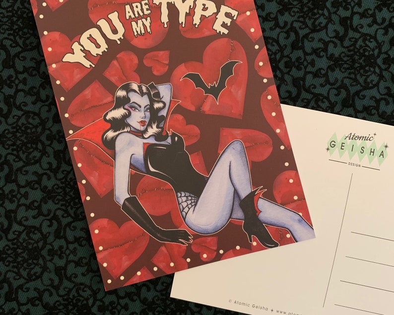 Glampire the Vampire Queen You Are My TYPE Postcard A6 Dracula Monster Pinup Girl Horror Movie Retro Anniversary Valentines Day Funny Bats image 2