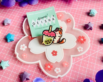 Bubble Tea Cat Japanese Wooden Pin Calico Cat Boba Anime Asian Food Drinks Japan Kawaii Cute Art Badge Brooch Enamel Lapel Pins Matcha