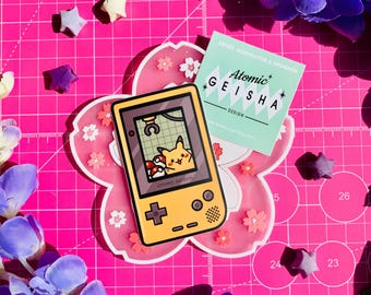Elektrische muis Game Boy kraan geel vinyl sticker kawaii kunst schattig monster anime manga cartoon Japan nostalgie nostalgische Y2k jaren 90 arcade