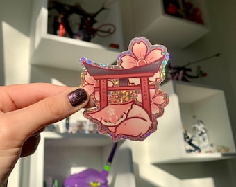 Sakura Kitsune Yae Miko Vinyl Glitter Sticker Kawaii Art Cute Fox Yokai Anime Manga Cartoon Japanese Folklore Mythology Japan Genshin Impact