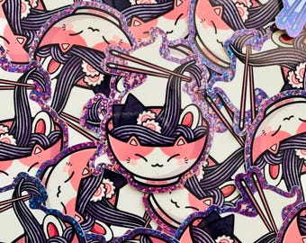 Neko Taro Soba Noodles Glitter Sticker Kawaii Art Cute Cat Anime Manga Sushi Shoyu Japanese Food Noodles Japan Nihon Sparkle Holo Art