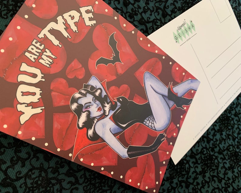 Glampire the Vampire Queen You Are My TYPE Postcard A6 Dracula Monster Pinup Girl Horror Movie Retro Anniversary Valentines Day Funny Bats image 5