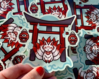 Sticker sanctuaire Kitsune Torii Gate Inari Art kawaii renard mignon Yokai Anime Manga dessin animé folklore japonais mythologie Japon Nihon surnaturel