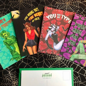 Monster Mash 4 Pack Postcards A6 Watercolor Retro Pinup Girls Classic Monsters Horror Movie Valentine&#39;s Day Anniversary Card Psychobilly