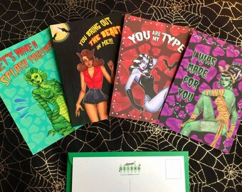 Monster Mash 4 Pack Postcards A6 Watercolor Retro Pinup Girls Classic Monsters Horror Movie Valentine's Day Anniversary Card Psychobilly