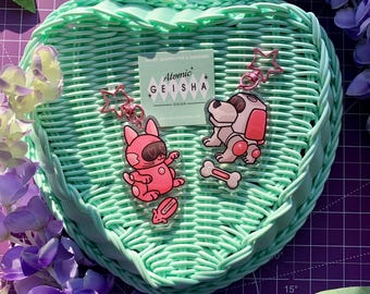 Poo-chi & Meow-chi Clear Acrylic Keychain Animal Robots Kawaii Art Cute Anime Manga Cartoon Japan Pets Cat Dog Pink Nostalgic y2k Toy Tech