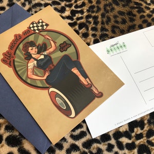 50s Vintage Racers Pinup Girls Postcard A6 Speedway Rockabilly Retro Hotrod Garage Classic Cars Roadrunner Tattoo Subculture Drag Racing image 6