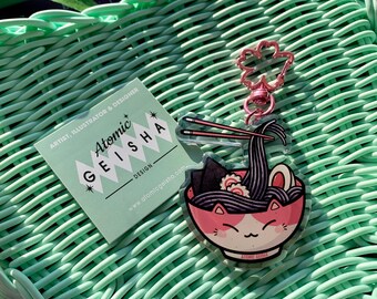 Neko Taro Soba Noodles Acrylic Keychain Kawaii Art Japan Nihon Anime Manga Accessoire Cute Jewelry Gift Epoxy Cat Meow Shoyu Sushi Charm