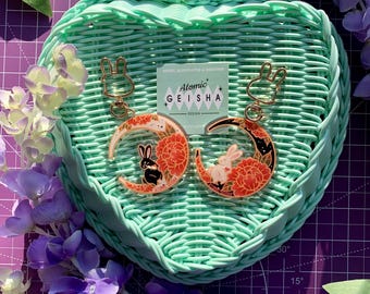 Bunny-Moon-Peonies Double-sided Clear Acrylic Keychain Rabbits Kawaii Art Cute Anime Manga Cartoon Japan