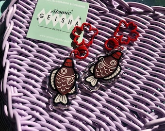 Shoyu Fish Acrylic Keychain Epoxy Charm Soy Sauce Sushi Lucky Kawaii Art Japanese Food Asian Snack Cartoon Anime Cute Gift Handmade Sakura