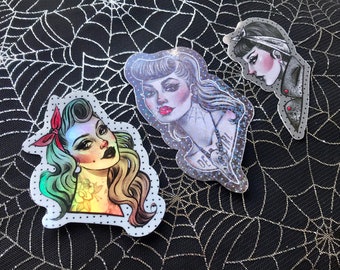 Lot de 3 autocollants holographiques en vinyle Psychobilly Girls des années 50, aquarelle pin-up goules, ensemble cadeau tatoué rockabilly rock'n'roll rétro vintage