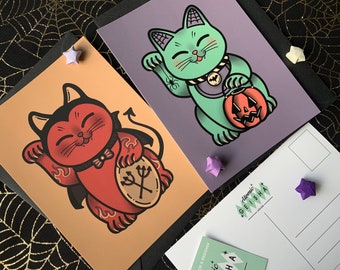 2 PACK Halloween Maneki Neko Premium Postcards Spooky Lucky Cats Cute Kawaii Devil Bat Pumpkin Trick or Treat Sweet Handmade Art Gift Set