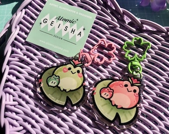 Kaeru Frogs Acrylic Keychain Epoxy Charm Lucky Frog Lily Pad Pond Tulip Kawaii Art Japan Anime Cartoon Accessoire Cute Jewelry Gift Handmade