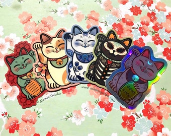 5 PACK Maneki Neko Vinyl Holographic Sticker Lucky Cat Good Luck Charm Japan Nihon Sakura Luna Sailor Moon Sugar Skull Delft Blue Tattoo Set