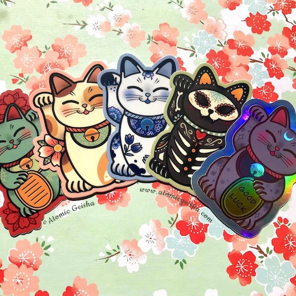 5 PACK Maneki Neko Vinyl Holografische Sticker Lucky Cat Good Luck Charm Japan Nihon Sakura Luna Sailor Moon Sugar Skull Delfts Blauwe Tattoo Set