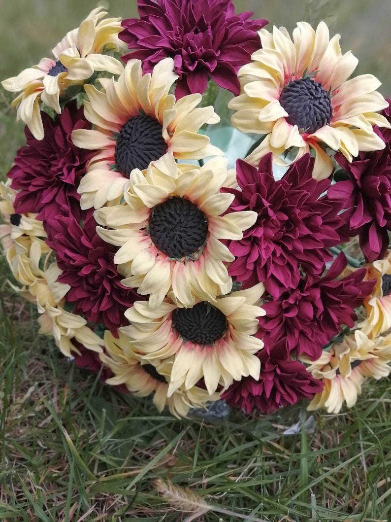 Burgundy dahlias and sunflowers bouquet. Bride bouquet. Etsy