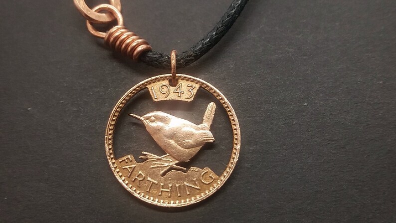 Jenny Wren Farthing Cut Coin Pendant Old British Coin image 1