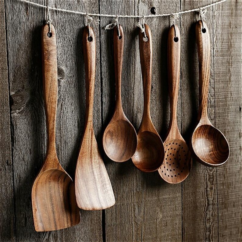 Natural Teak Wood Cooking Spoons Kitchen Utensil Set Etsy