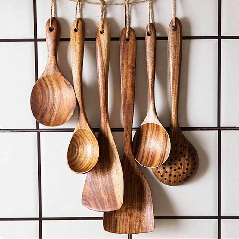 Natural Teak Wood Cooking Spoons Kitchen Utensil Set Etsy