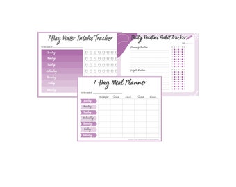 Meal Planner, Water Tracker, Daily Routine Habit Tracker Bundle, PDF, Digital, 3 Pages