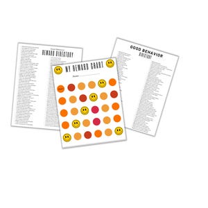 May include: A printable reward chart with a grid of smiley faces and red and orange circles. The chart is titled "My Reward Chart" and has a space for a name. The chart is part of a set of printable resources for good behavior.