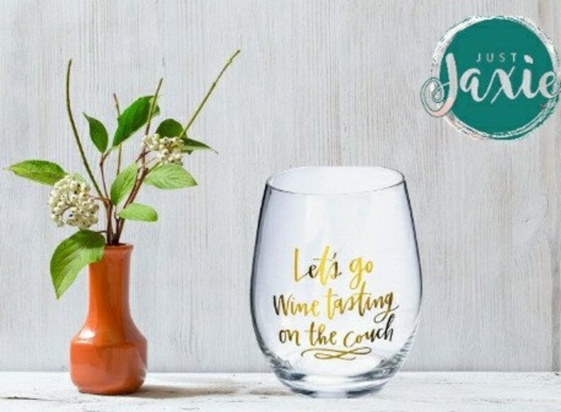 Hand Illustrated Stemless Wine Glass l Fun Wine Glass 15oz Let/'s Go Wine Tasting on the Couch