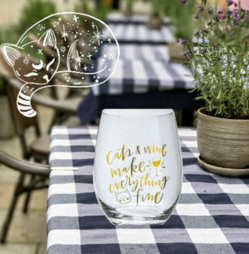 Cats and Wine Make Everything Fine Hand Illustrated Stemless Wine Glass l Housewarming Gift l Cat Lover Gift