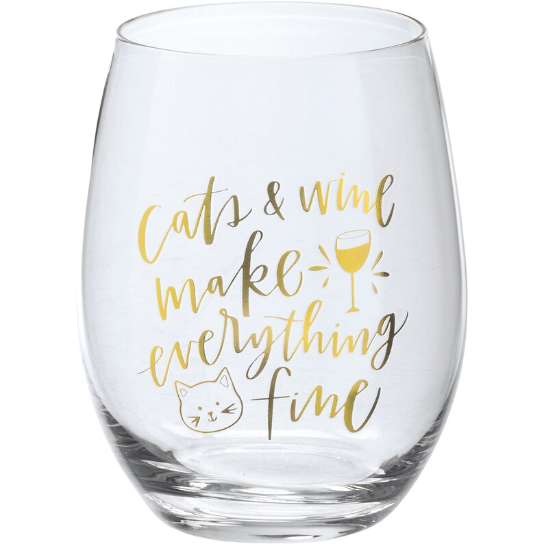 Cats and Wine Make Everything Fine Hand Illustrated Stemless Wine Glass l Housewarming Gift l Cat Lover Gift