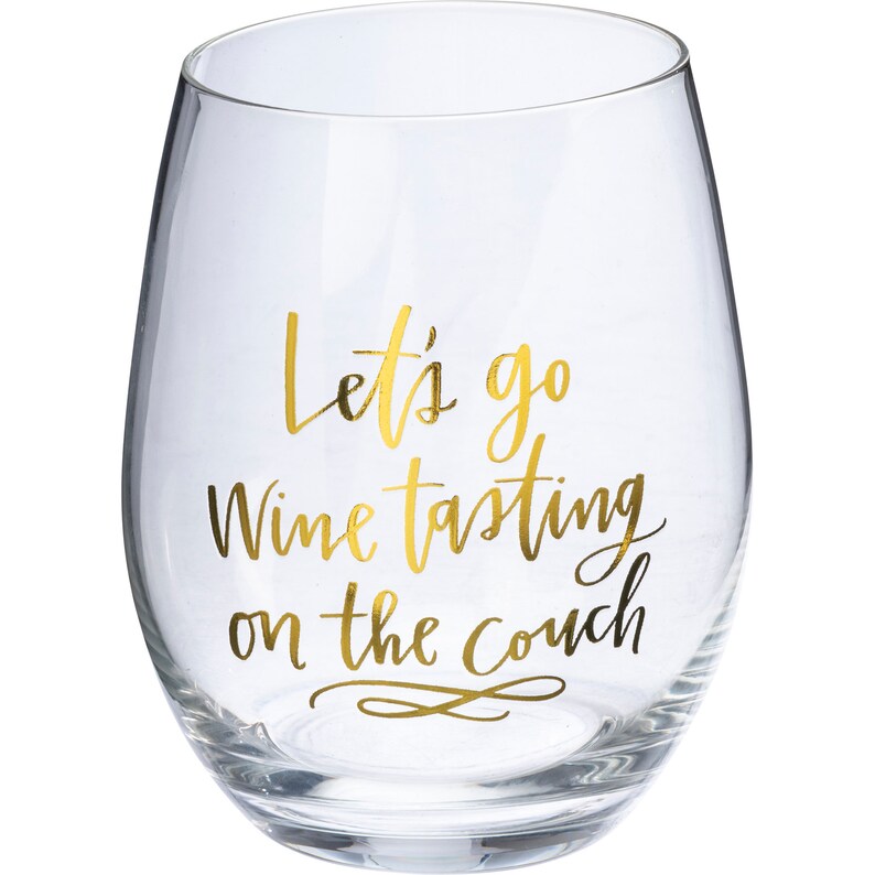 Hand Illustrated Stemless Wine Glass l Fun Wine Glass 15oz Let/'s Go Wine Tasting on the Couch