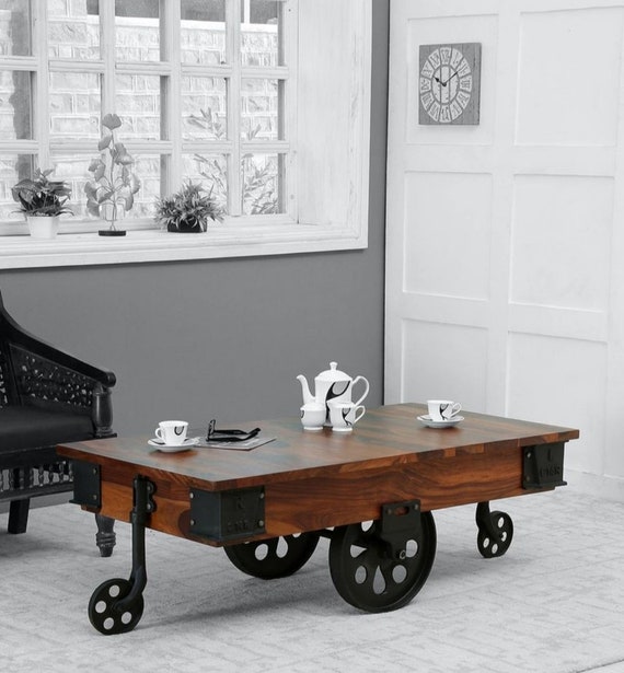 Jonas Wooden Coffee Table With Wheels In Honey Oak Finish Etsy