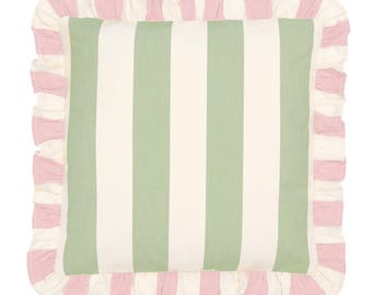Handmade Ruffled Cushion Cover - Sage & Pink Stripe, Ian Mankin Fabric