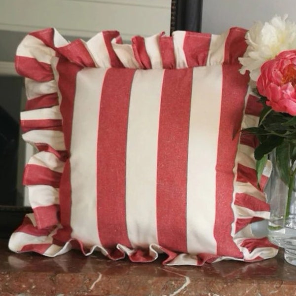 Beautiful Handmade Ruffled Cushion Cover in Designer Ian Mankin Devon wide Stripe Cotton Fabric in Peony