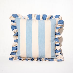 Beautiful blues mid and pale blue designer cushion cover with Ian Mankin Devon Stripe Cotton Handmade with ruffle