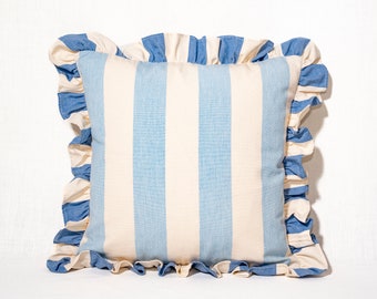 Beautiful blues mid and pale blue designer cushion cover with Ian Mankin Devon Stripe Cotton Handmade with ruffle