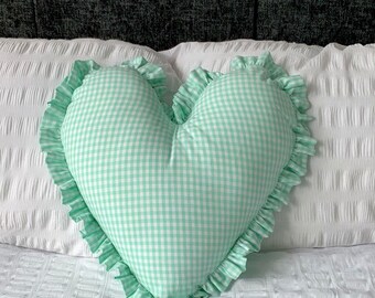 Heart Shaped Frilled Cushion Seen here in Green Micro Gingham and Pink Ticking Stripe with filler