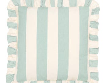 Handmade Ruffled Cushion Cover: Ian Mankin Devon Stripe Mint Cotton