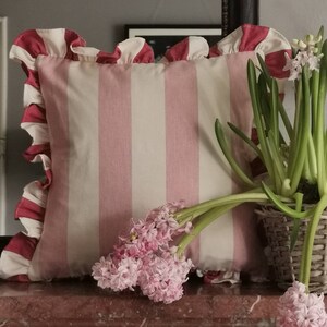 Cushion cover in Ian Mankin Devon Stripe Pale Pink ruffled in Devon Stripe Peony