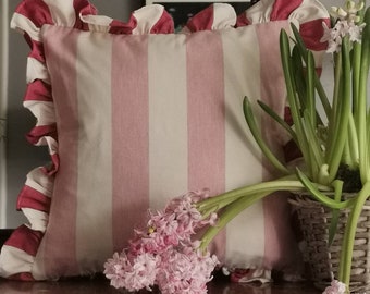 Cushion cover in Ian Mankin Devon Stripe Pale Pink ruffled in Devon Stripe Peony